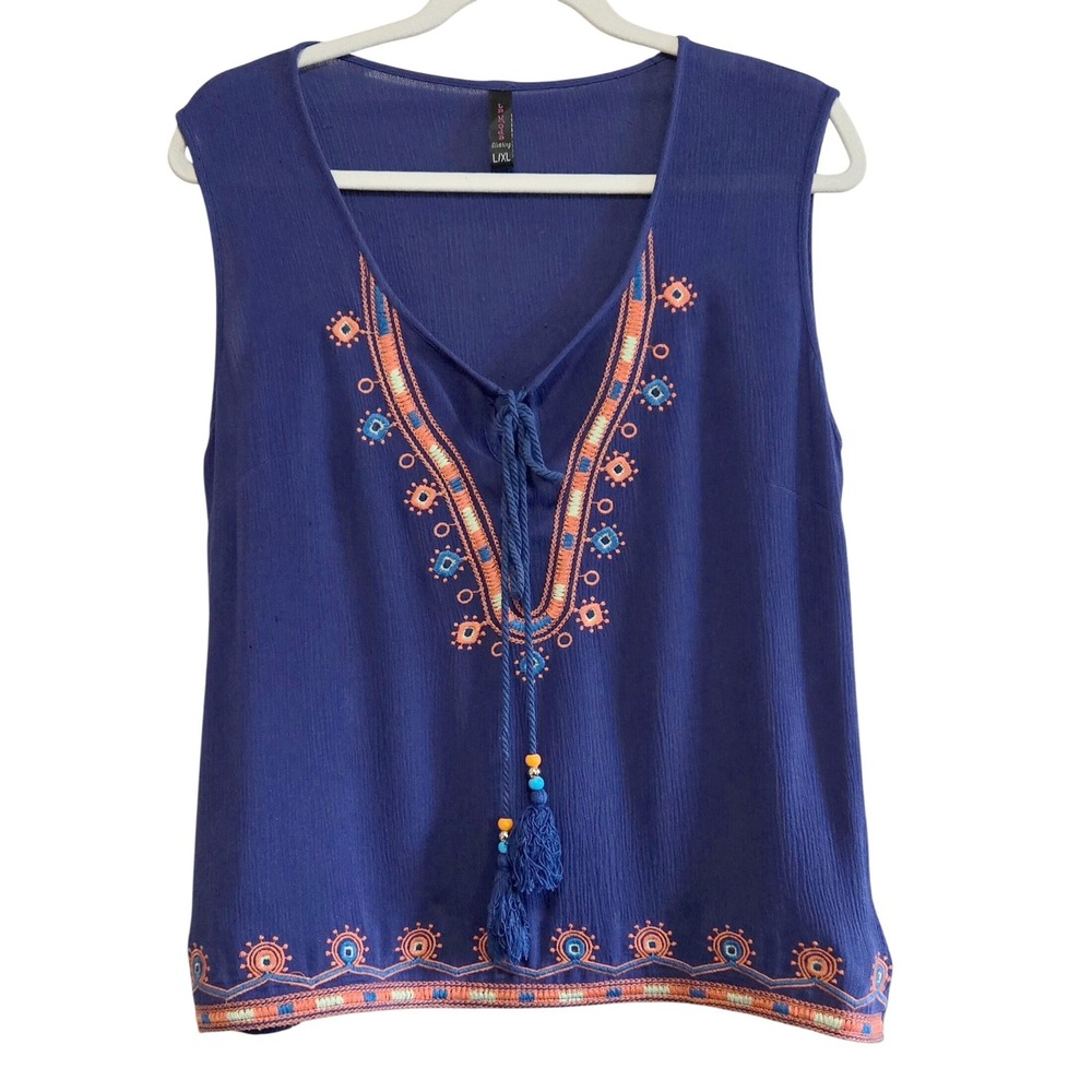 La Moda Blue Embroidered Boho Tassel Tie V-Neck Sleeveless Blouse Top L/XL